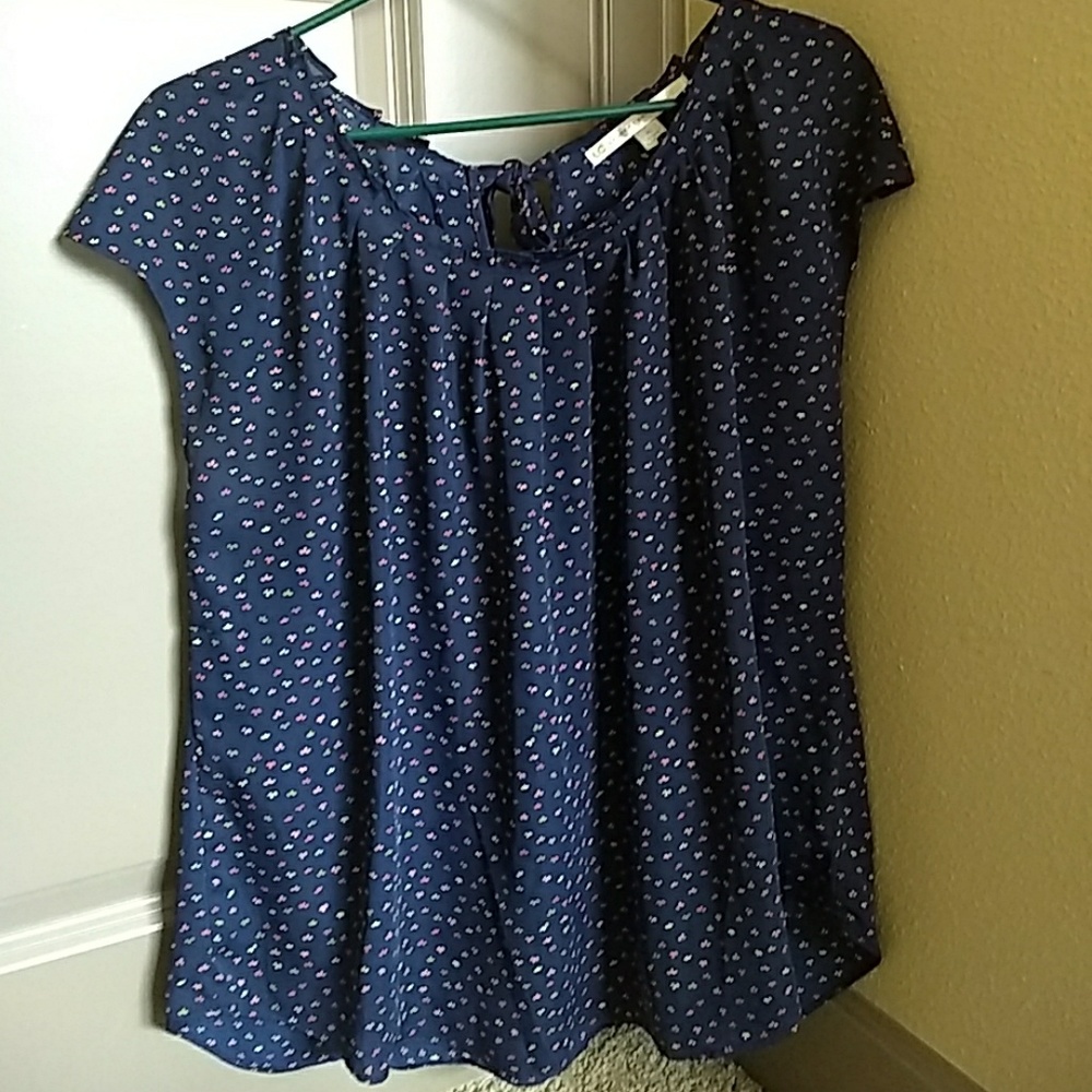 Lauren Conrad Short Sleeve Navy Patterned Blouse